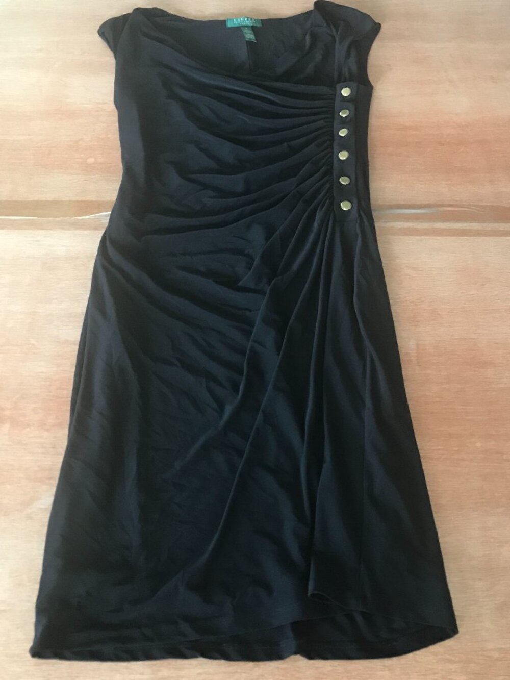 Lauren Ralph Lauren Jersey Dress Women 12 Black Ruched Button Accent Sleeveless